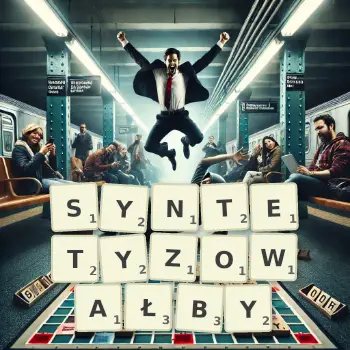 Kreatywna ilustracja do gry w Scrabble ze słowem SYNTETYZOWAŁBY ułożonym z płytek na planszy.