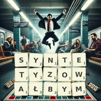 Kreatywna ilustracja do gry w Scrabble ze słowem SYNTETYZOWAŁBYM ułożonym z płytek na planszy.