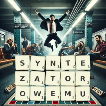 Kreatywna ilustracja do gry w Scrabble ze słowem SYNTEZATOROWEMU ułożonym z płytek na planszy.