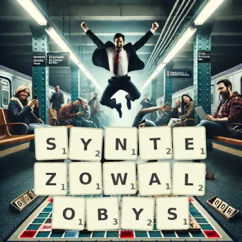 Kreatywna ilustracja do gry w Scrabble ze słowem SYNTEZOWALOBYS ułożonym z płytek na planszy.