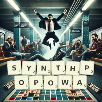 Kreatywna ilustracja do gry w Scrabble ze słowem SYNTHPOPOWĄ ułożonym z płytek na planszy.