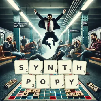 Kreatywna ilustracja do gry w Scrabble ze słowem SYNTHPOPY ułożonym z płytek na planszy.