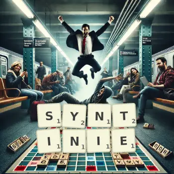 Kreatywna ilustracja do gry w Scrabble ze słowem SYNTINIE ułożonym z płytek na planszy.