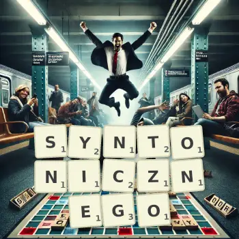 Kreatywna ilustracja do gry w Scrabble ze słowem SYNTONICZNEGO ułożonym z płytek na planszy.