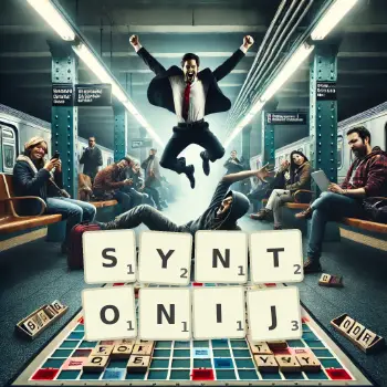 Kreatywna ilustracja do gry w Scrabble ze słowem SYNTONIJ ułożonym z płytek na planszy.