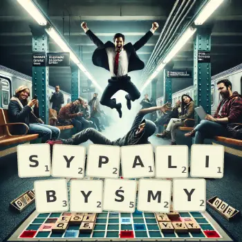 Kreatywna ilustracja do gry w Scrabble ze słowem SYPALIBYŚMY ułożonym z płytek na planszy.