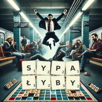 Kreatywna ilustracja do gry w Scrabble ze słowem SYPAŁYBY ułożonym z płytek na planszy.