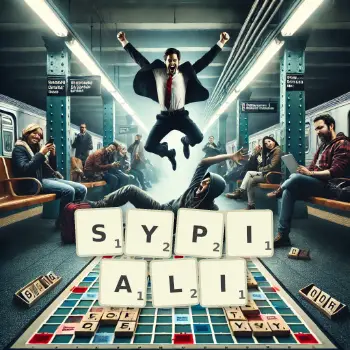 Kreatywna ilustracja do gry w Scrabble ze słowem SYPIALI ułożonym z płytek na planszy.