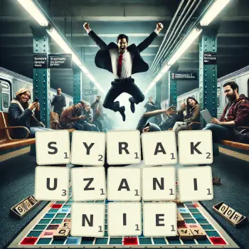 Kreatywna ilustracja do gry w Scrabble ze słowem SYRAKUZANINIE ułożonym z płytek na planszy.