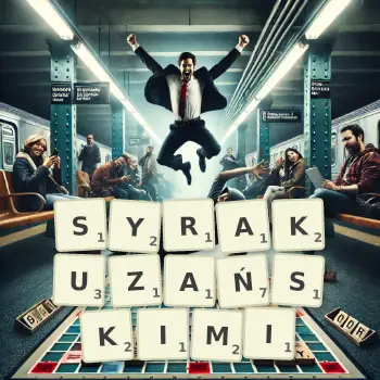 Kreatywna ilustracja do gry w Scrabble ze słowem SYRAKUZAŃSKIMI ułożonym z płytek na planszy.