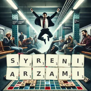 Kreatywna ilustracja do gry w Scrabble ze słowem SYRENIARZAMI ułożonym z płytek na planszy.
