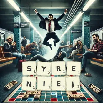 Kreatywna ilustracja do gry w Scrabble ze słowem SYRENIEJ ułożonym z płytek na planszy.