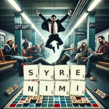 Kreatywna ilustracja do gry w Scrabble ze słowem SYRENIMI ułożonym z płytek na planszy.