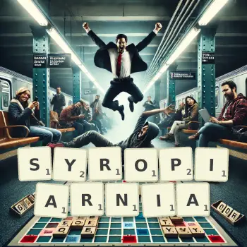 Kreatywna ilustracja do gry w Scrabble ze słowem SYROPIARNIA ułożonym z płytek na planszy.