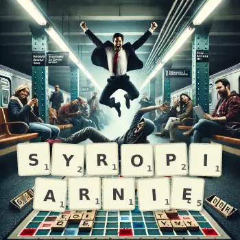 Kreatywna ilustracja do gry w Scrabble ze słowem SYROPIARNIĘ ułożonym z płytek na planszy.