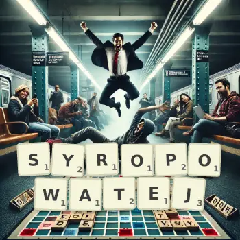 Kreatywna ilustracja do gry w Scrabble ze słowem SYROPOWATEJ ułożonym z płytek na planszy.