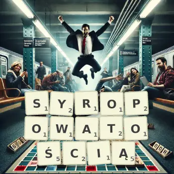 Kreatywna ilustracja do gry w Scrabble ze słowem SYROPOWATOŚCIĄ ułożonym z płytek na planszy.