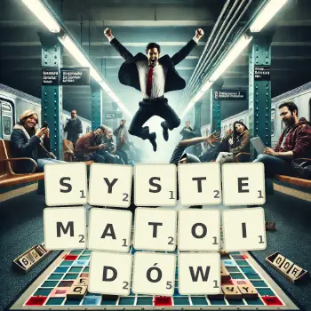 Kreatywna ilustracja do gry w Scrabble ze słowem SYSTEMATOIDÓW ułożonym z płytek na planszy.