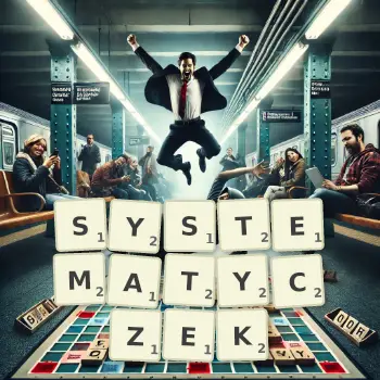 Kreatywna ilustracja do gry w Scrabble ze słowem SYSTEMATYCZEK ułożonym z płytek na planszy.