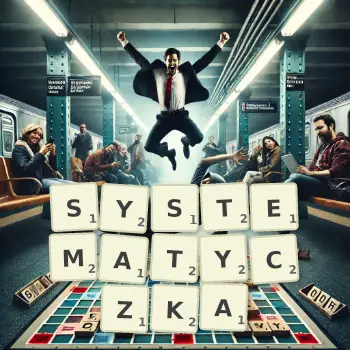 Kreatywna ilustracja do gry w Scrabble ze słowem SYSTEMATYCZKA ułożonym z płytek na planszy.