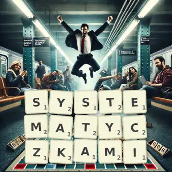 Kreatywna ilustracja do gry w Scrabble ze słowem SYSTEMATYCZKAMI ułożonym z płytek na planszy.