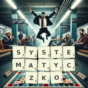 Kreatywna ilustracja do gry w Scrabble ze słowem SYSTEMATYCZKO ułożonym z płytek na planszy.