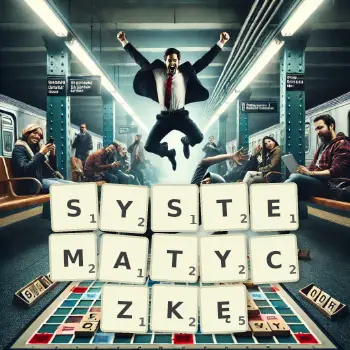 Kreatywna ilustracja do gry w Scrabble ze słowem SYSTEMATYCZKĘ ułożonym z płytek na planszy.