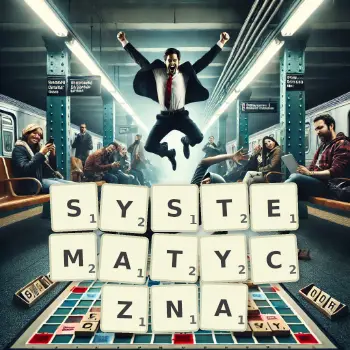Kreatywna ilustracja do gry w Scrabble ze słowem SYSTEMATYCZNA ułożonym z płytek na planszy.