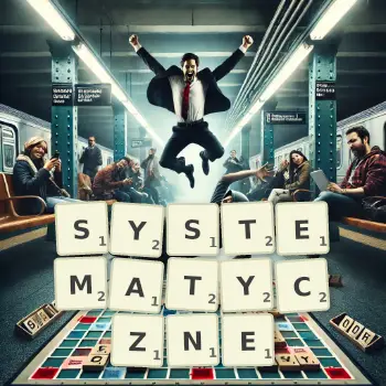 Kreatywna ilustracja do gry w Scrabble ze słowem SYSTEMATYCZNE ułożonym z płytek na planszy.