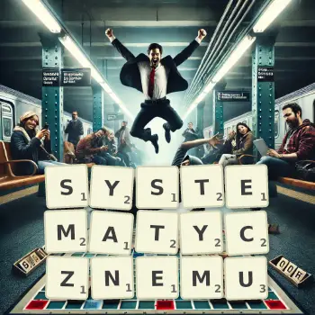 Kreatywna ilustracja do gry w Scrabble ze słowem SYSTEMATYCZNEMU ułożonym z płytek na planszy.