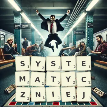 Kreatywna ilustracja do gry w Scrabble ze słowem SYSTEMATYCZNIEJ ułożonym z płytek na planszy.