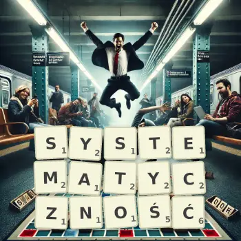 Kreatywna ilustracja do gry w Scrabble ze słowem SYSTEMATYCZNOŚĆ ułożonym z płytek na planszy.