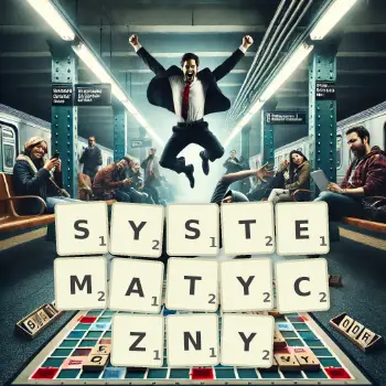 Kreatywna ilustracja do gry w Scrabble ze słowem SYSTEMATYCZNY ułożonym z płytek na planszy.
