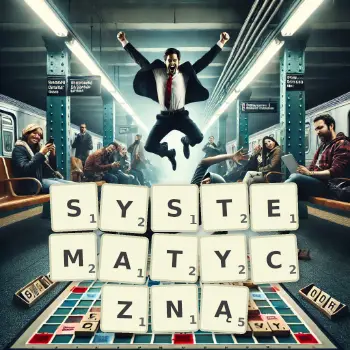 Kreatywna ilustracja do gry w Scrabble ze słowem SYSTEMATYCZNĄ ułożonym z płytek na planszy.