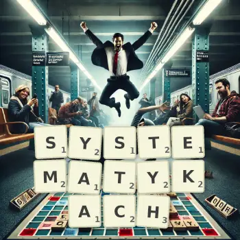 Kreatywna ilustracja do gry w Scrabble ze słowem SYSTEMATYKACH ułożonym z płytek na planszy.