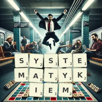 Kreatywna ilustracja do gry w Scrabble ze słowem SYSTEMATYKIEM ułożonym z płytek na planszy.
