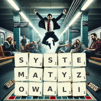 Kreatywna ilustracja do gry w Scrabble ze słowem SYSTEMATYZOWALI ułożonym z płytek na planszy.