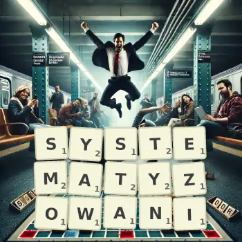 Kreatywna ilustracja do gry w Scrabble ze słowem SYSTEMATYZOWANI ułożonym z płytek na planszy.