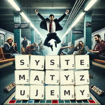 Kreatywna ilustracja do gry w Scrabble ze słowem SYSTEMATYZUJEMY ułożonym z płytek na planszy.