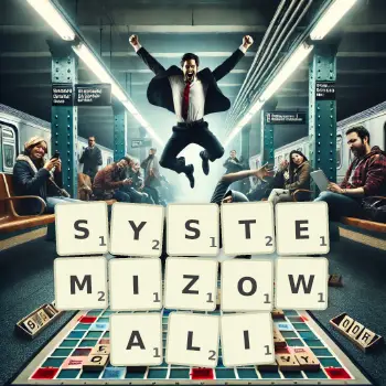 Kreatywna ilustracja do gry w Scrabble ze słowem SYSTEMIZOWALI ułożonym z płytek na planszy.