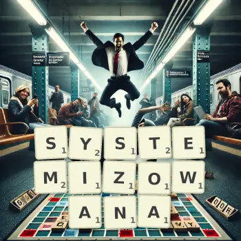 Kreatywna ilustracja do gry w Scrabble ze słowem SYSTEMIZOWANA ułożonym z płytek na planszy.
