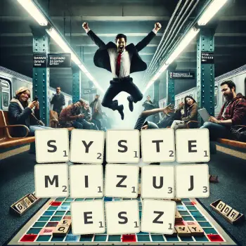 Kreatywna ilustracja do gry w Scrabble ze słowem SYSTEMIZUJESZ ułożonym z płytek na planszy.