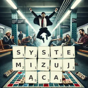 Kreatywna ilustracja do gry w Scrabble ze słowem SYSTEMIZUJĄCA ułożonym z płytek na planszy.