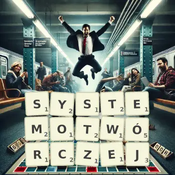 Kreatywna ilustracja do gry w Scrabble ze słowem SYSTEMOTWÓRCZEJ ułożonym z płytek na planszy.
