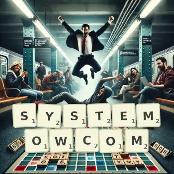 Kreatywna ilustracja do gry w Scrabble ze słowem SYSTEMOWCOM ułożonym z płytek na planszy.