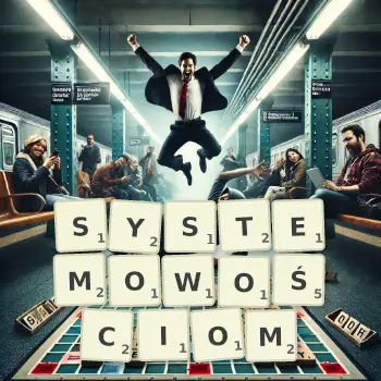 Kreatywna ilustracja do gry w Scrabble ze słowem SYSTEMOWOŚCIOM ułożonym z płytek na planszy.