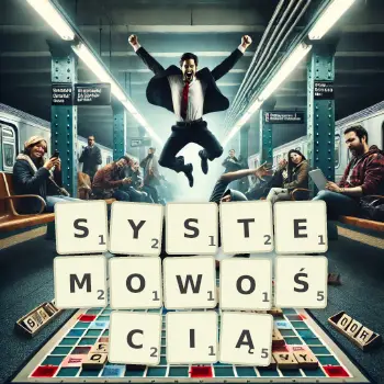 Kreatywna ilustracja do gry w Scrabble ze słowem SYSTEMOWOŚCIĄ ułożonym z płytek na planszy.