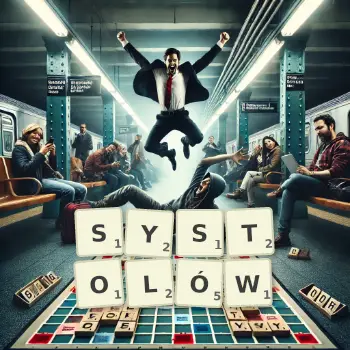 Kreatywna ilustracja do gry w Scrabble ze słowem SYSTOLÓW ułożonym z płytek na planszy.