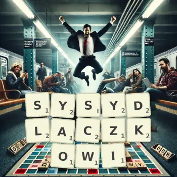 Kreatywna ilustracja do gry w Scrabble ze słowem SYSYDLACZKOWI ułożonym z płytek na planszy.