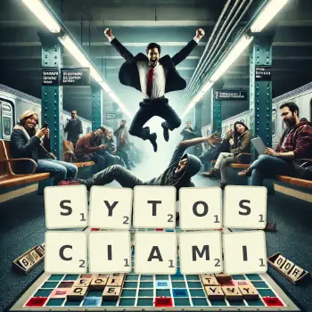 Kreatywna ilustracja do gry w Scrabble ze słowem SYTOSCIAMI ułożonym z płytek na planszy.